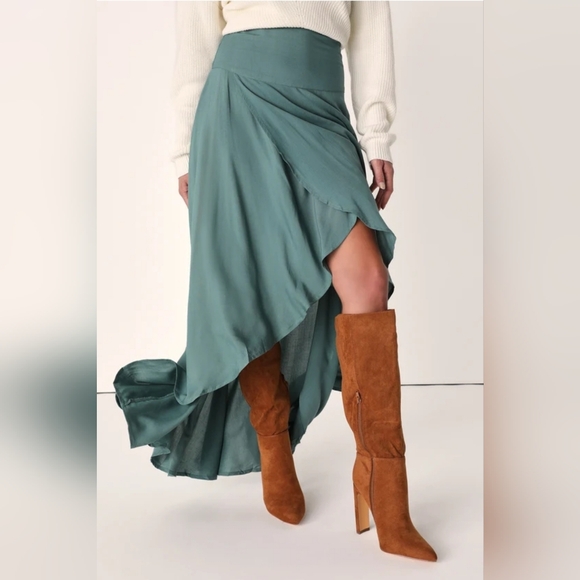 Lulus Ambrosio High Low Maxi Skirt in Dark Sage Green - Picture 2 of 7